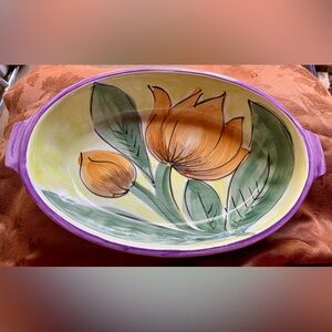 Clementi Italia Hand Painted Yellow Flower Ceramic Oval Casserole Bowl Baker